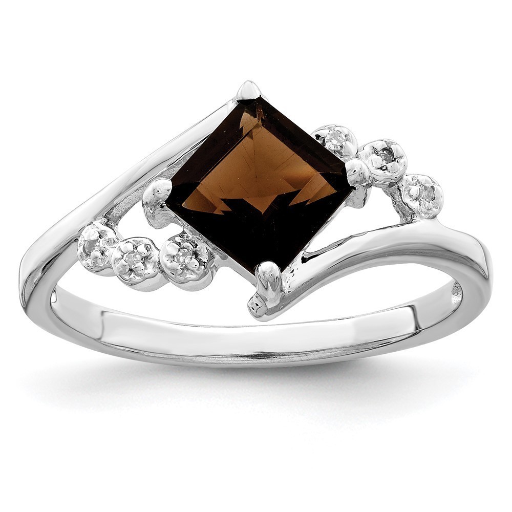 925 Sterling Silver Rhodium Princess-cut Smoky Quartz & Diamond Ring